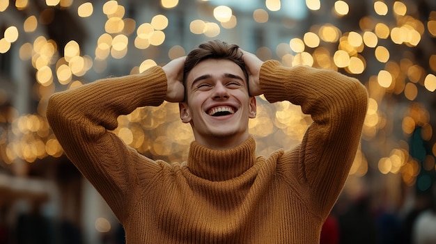 Young man celebrating Christmas laughing joyfully in holiday themed attire