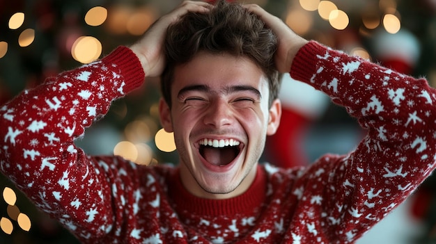 Young man celebrating Christmas laughing joyfully in holiday themed attire