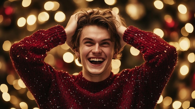 Photo young man celebrating christmas laughing joyfully in holiday themed attire