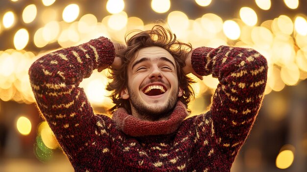 Photo young man celebrating christmas laughing joyfully in holiday themed attire