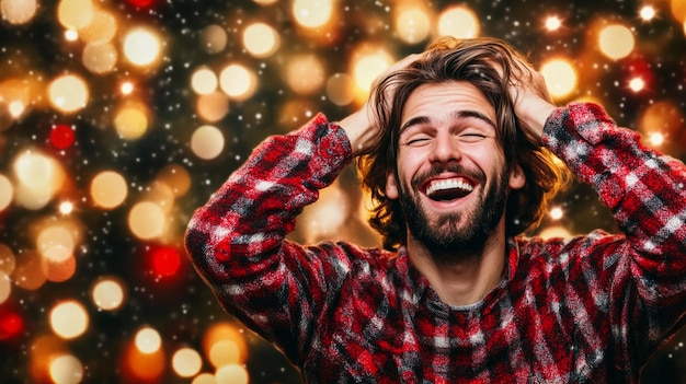 Photo young man celebrating christmas laughing joyfully in holiday themed attire