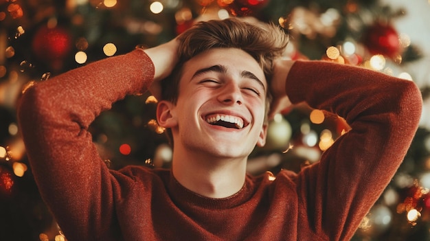 Young man celebrating Christmas laughing joyfully in holiday themed attire