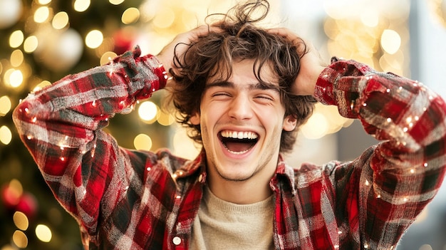 Young man celebrating Christmas laughing joyfully in holiday themed attire