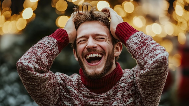 Young man celebrating Christmas laughing joyfully in holiday themed attire