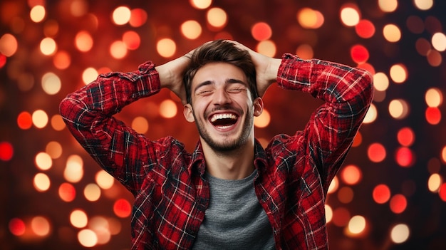 Young man celebrating Christmas laughing joyfully in holiday themed attire