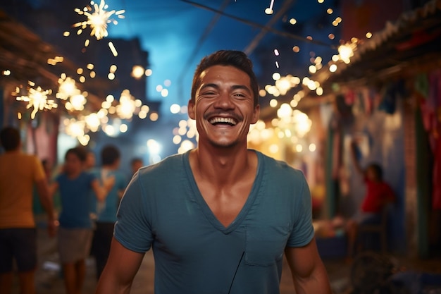 Young man celebrating victory with sparkling fireworks in background