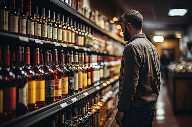 Young man choosing wine from the alcohol shelf in the supermarket with bottles in focus and the background blurred Generative AI