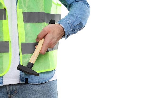 Young man civil engineer with hammer isolated on white background