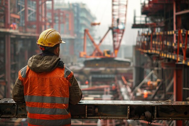 Young man civil engineer in workwear standing in construction site