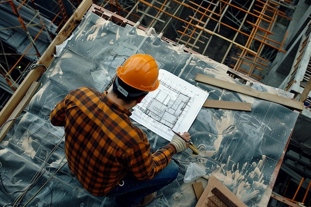 Young man civil engineer in workwear standing in construction site