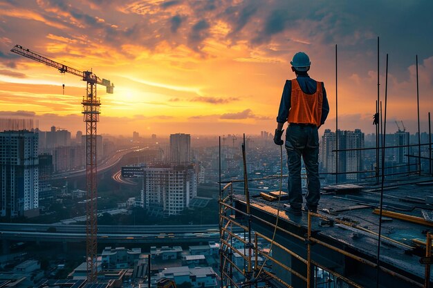 Young man civil engineer in workwear standing in construction site