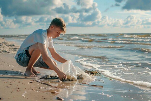 Photo young man cleaning up beach plastic pollution natural children education ecology conservation