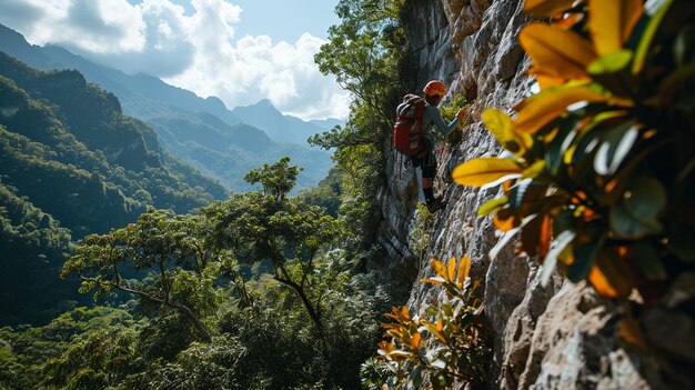 Young man climbing natural stone wall