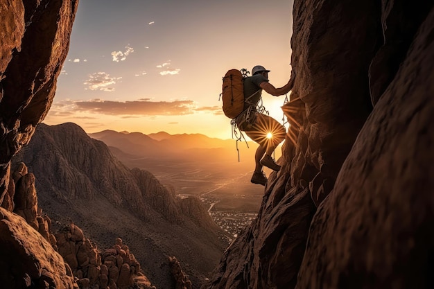 Young man climbing wall with belay with sunrise valley on the background AI Generation