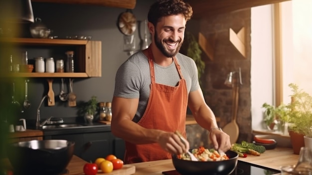 Young man cooking lunch at home Handsome man preparing delicious food