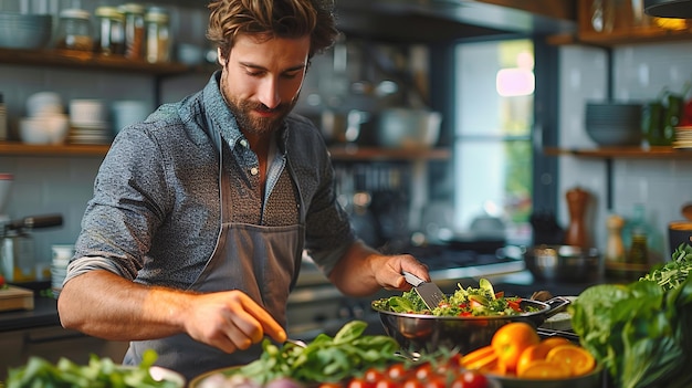 Young man cooking lunch at home