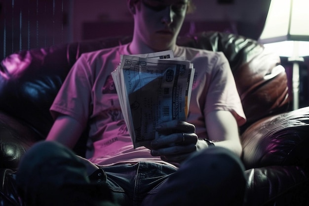 Photo young man counting cash on a leather couch in a dimly lit room