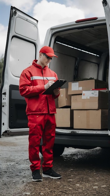 Photo young man courier in red uniform checking his clipboard standing beside an open delivery van filled