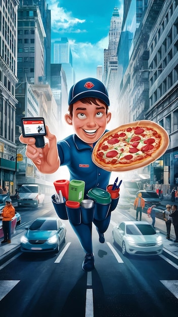 Photo young man courier showing pocket and containers delivering pizza and other goods ordered online