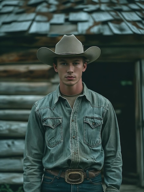 A young man in cowboy clothes standing outside a log cabin