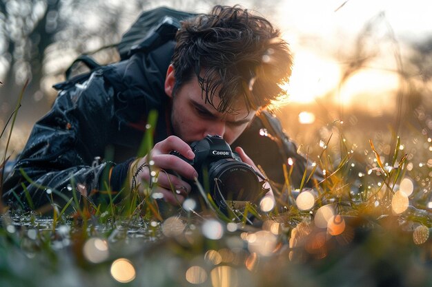 A young man crawling through the wet grass