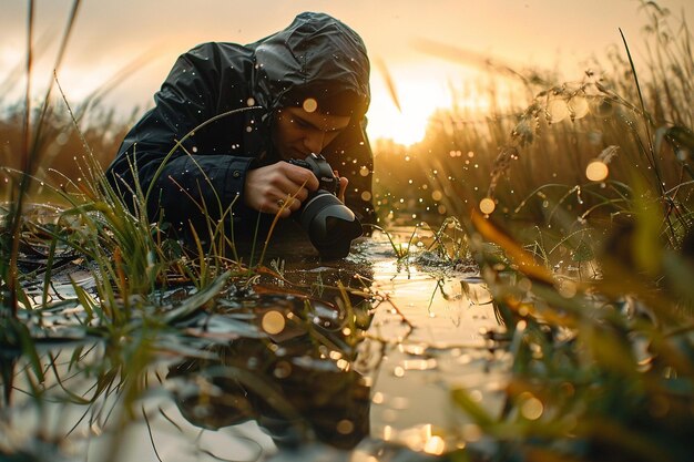 A young man crawling through the wet grass