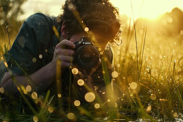 A young man crawling through the wet grass