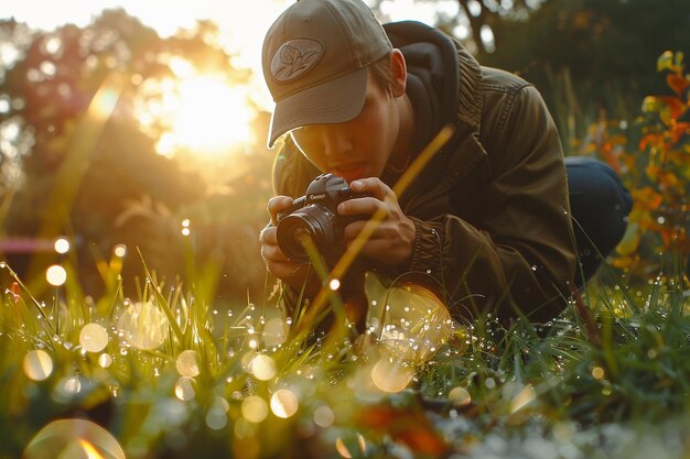 A young man crawling through the wet grass