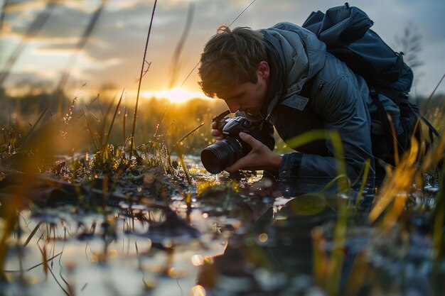 A young man crawling through the wet grass