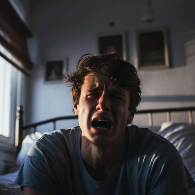 Young man crying in a room Generative AI