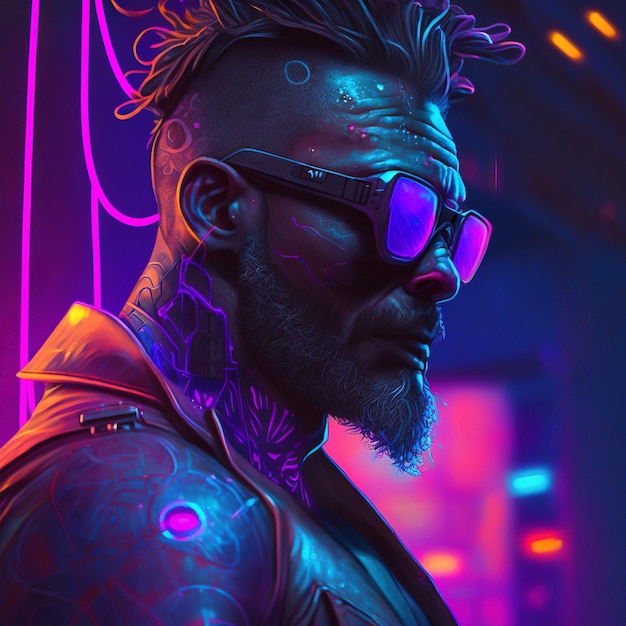 A young man in cyberpunk style with glasses Generative AI technology