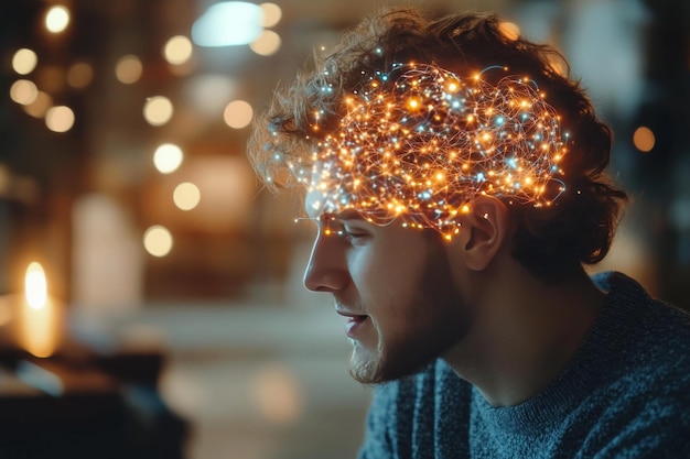 Young Man Deep in Thought with a Glowing Neural Network Representing Cognitive Power Introspection