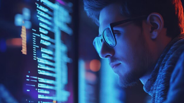 A young man deeply concentrates on vibrant digital data displays immersed in coding