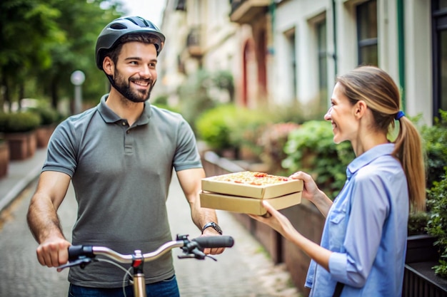 Photo young man delivering pizza by bicycle and receiving card payment