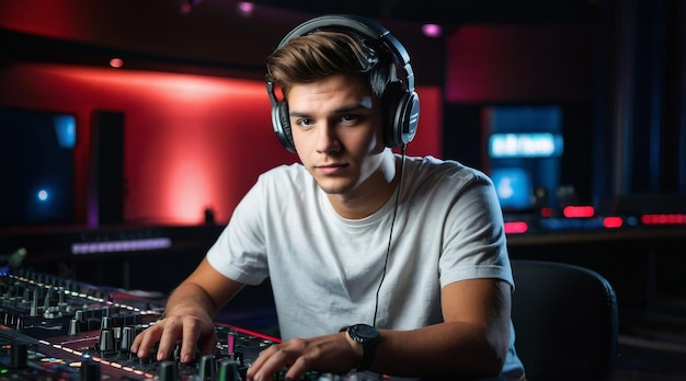 young man dj works in modern broadcast studio