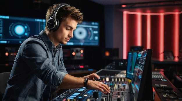 young man dj works in modern broadcast studio