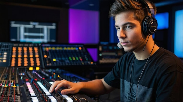 young man dj works in modern broadcast studio