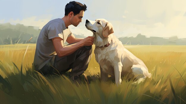 Young man and dog in the grass gently caresses his dog