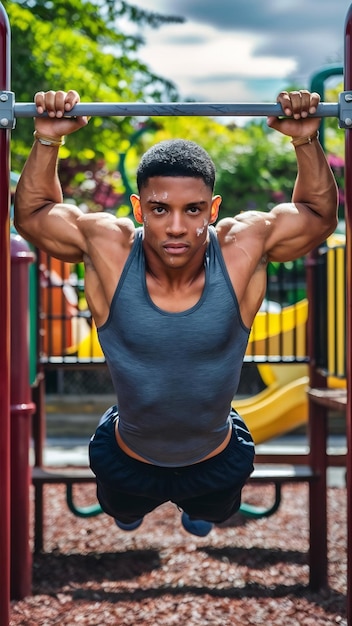 Young man doing exercises in a park