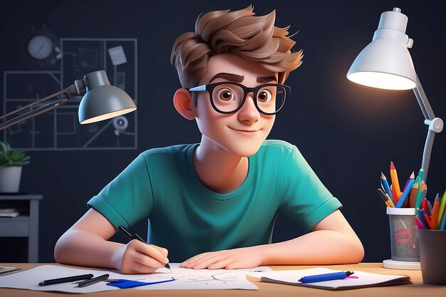 Photo young man doing graphic designing 3d cartoon character illustration