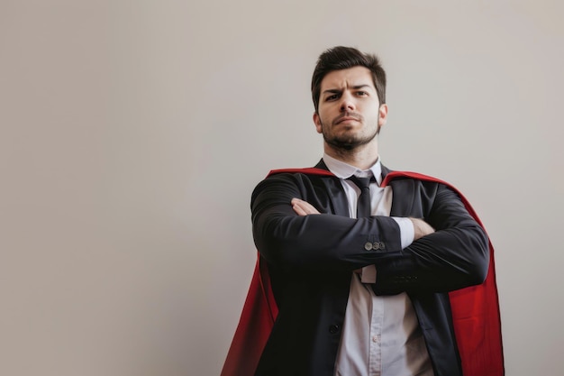 Young Man Dressed in Formal Attire With a Red Cape in a Neutral Background