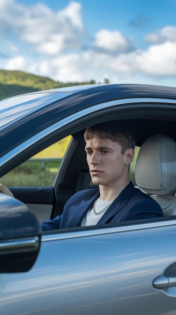 Photo young man driving modern car