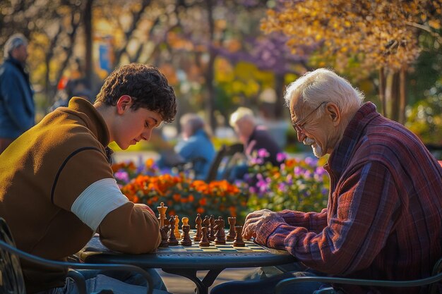 Photo a young man and an elderly gentleman engage in an intense chess match in a vibrant park surrounded by blooming flowers the scene captures a moment of strategy connection and contemplation ai