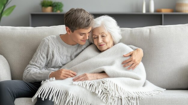 Photo a young man embraces his mother making her smile as they share a warm moment together in their living room at home