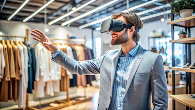 Photo a young man engaging in a virtual reality shopping experience at home for an enhanced retail