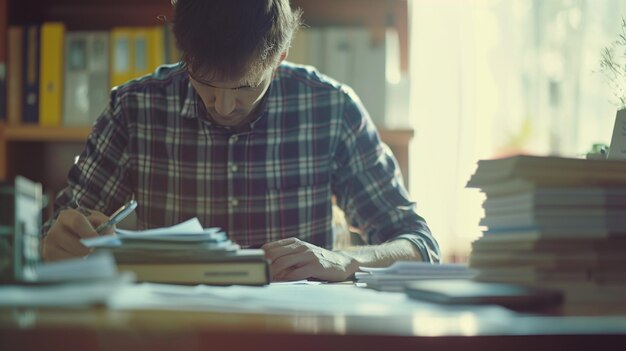 Photo a young man engrossed in studying amongst piles of books embodying the dedication of academic pursu