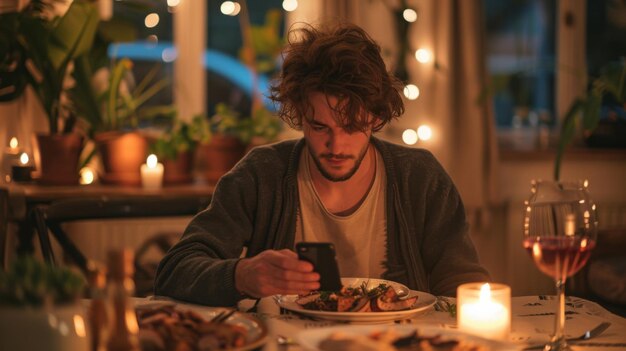 Photo young man enjoying a cozy dinner