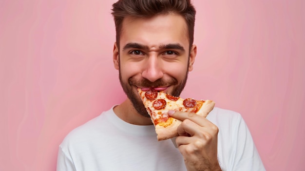 Photo young man enjoying delicious pizza on pink background