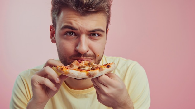 Young Man Enjoying Delicious Pizza on Pink Background