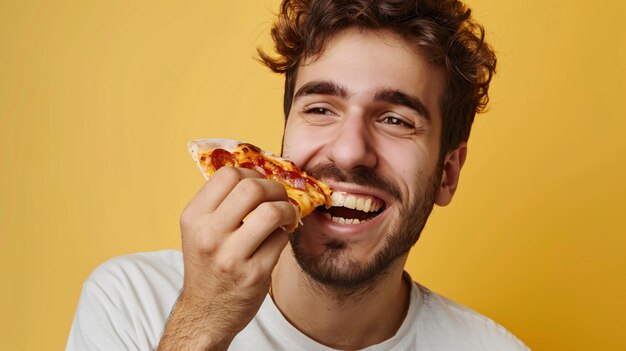 Young Man Enjoying Delicious Pizza on Yellow Background